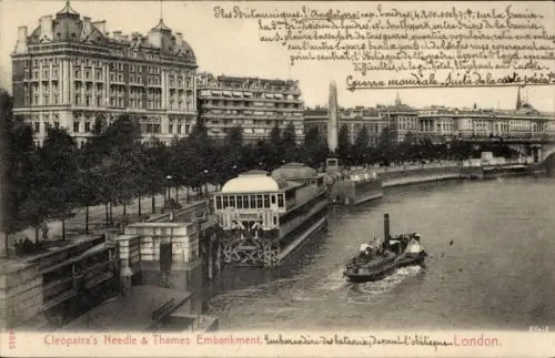 Ak Westminster London City, Cleopatra's Needle, Thames Embankment,  Bootsanleger, Obelisk