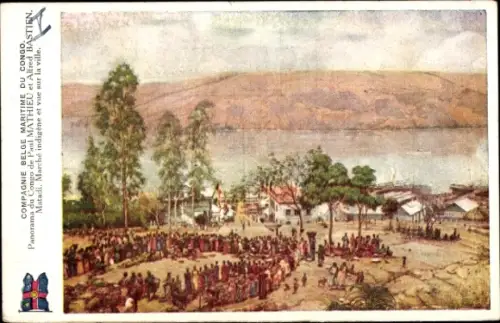 Künstler Ak DR Kongo Zaire, Compagnie Belge Maritime, Matadi, Marché indigene et vue sur la ville