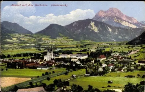 Ak Admont Steiermark, Admont mit dem Buchstein, Berge, Landschaft, Kirche