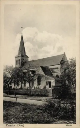 Ak Candor Oise, Kirche, Bäume, Straße, Schwarz-Weiß-Foto