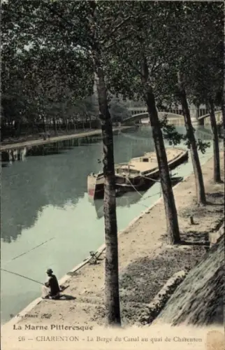 Ak Charenton le Pont Val de Marne, Flusslandschaft, Boot, Angler, Bäume, Kanal