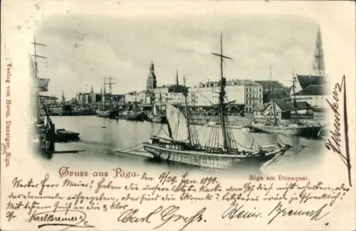 Ak Riga Lettland, Schiffe im Hafen, Riga am Dünaquai,  von 1899, Verlag von Herm. Danziger