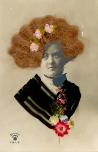 Echthaar Ak Frau, Portrait, Blumen