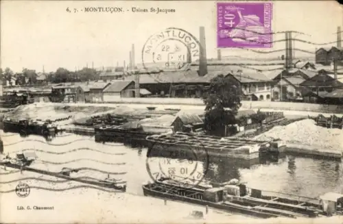 Ak Montluçon Allier, Blick auf Industrie, Usines St-Jacques, Schiffe, Wasserweg, Poststempel