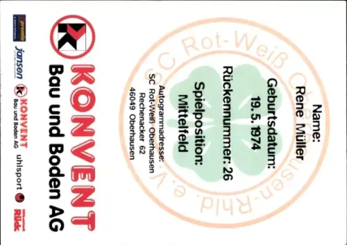 Autogrammkarte Fußballer Rene Müller, Rot Weiß Oberhausen, Autogramm