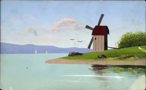 Handgemalt Ak Seepanorama, Windmühle am Ufer