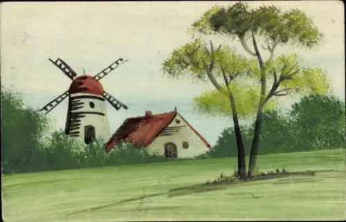 Handgemalt Ak Ortspartie, Windmühle