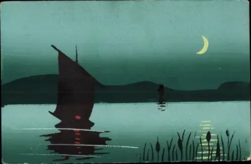 Handgemalt Ak Segelboot, Mondsichel