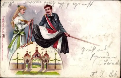 Litho Turner mit Fahne, Eingangstor, Turnfest