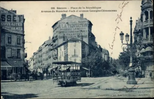 CPA Béziers Hérault, Place de la République, Avenue du Maréchal-Foch et avenue Georges-Clémenceau