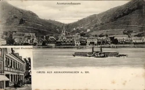 Ak Assmannshausen Rüdesheim am Rhein, Gesamtansicht, Hotel Rheinstein
