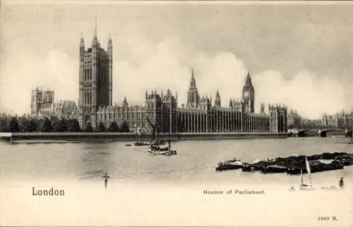 Ak Westminster London City,  Houses of Parliament, Fluss, Boote