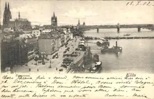 Ak Cöln Köln am Rhein, Panorama von  Rhein, Schiffe, Dom, 18.7.02