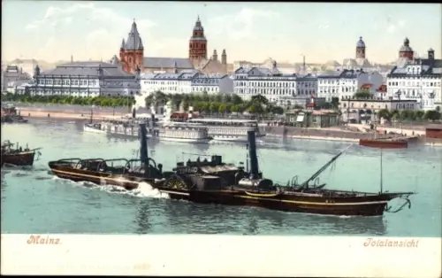 Ak Mainz am Rhein,  Flussansicht, Schiffe, Stadtansicht