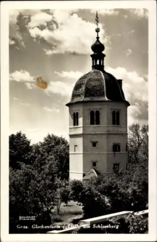 Ak Graz Steiermark, Glockenturm,  Schwarz-Weiß-Fotografie, Bäume im Vordergrund