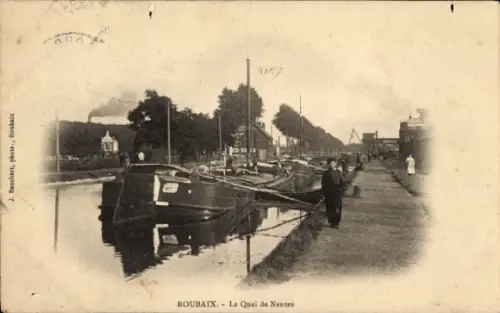 Ak Roubaix Nord, Boote am Kanal, Menschen am Ufer, Beschriftung  Le Quai de Nantes