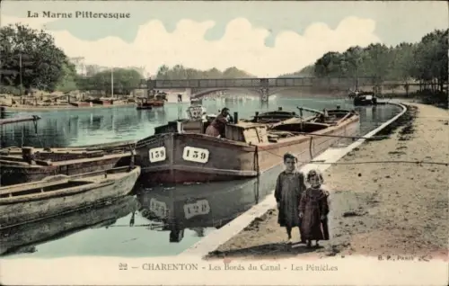 Ak Charenton le Pont Val de Marne, Schiff im Kanal, Kinder am Ufer, Bäume im Hintergrund, Chârent