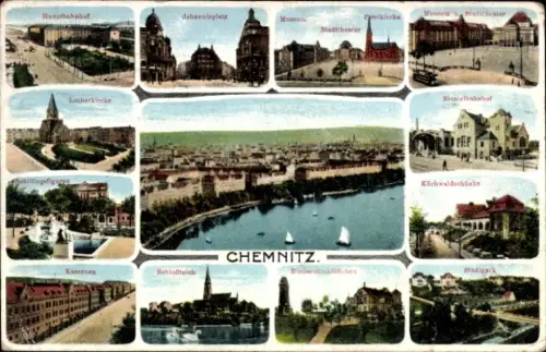 Ak Chemnitz in Sachsen, Hauptbahnhof, Johannisplatz, Petrikirche, Museum Stadtliester, Stadttheat