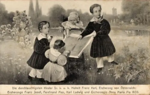 Künstler Ak Kinder von Erzherzog Franz Karl, Franz Josef, Ferdinand Max, Karl Ludwig, Anna Maria Pia