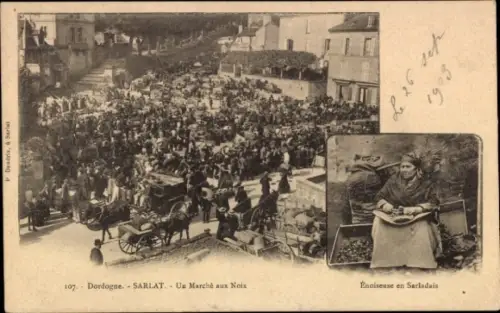 CPA Sarlat la Canéda Dordogne, Un Marché aux Noix, Enoiseuse en Sarladais
