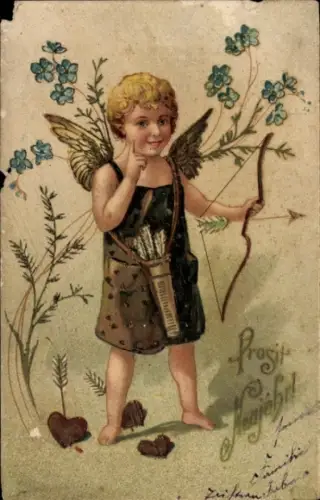 Präge Ak Fröhliches Neujahr, Amor, Liebesengel mit Bogen und Pfeilen, Herzen, Vergissmeinnicht