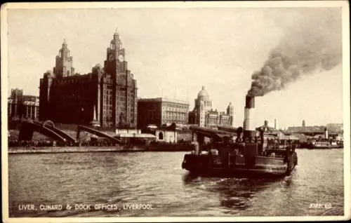 Ak Liverpool Merseyside England, Dampfschiff,  Cunard & Dock Offices, Hafenansicht
