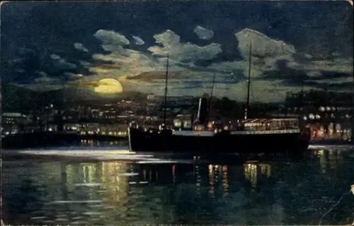 Ak Triest Trieste Friuli Venezia Giulia, Schiff im Hafen, Mondschein, Wasserreflexionen, nächtlic