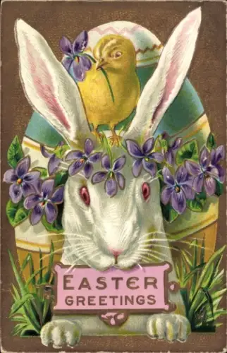 Präge Ak Frohe Ostern, Hase, Osterei, Küken, Veilchen