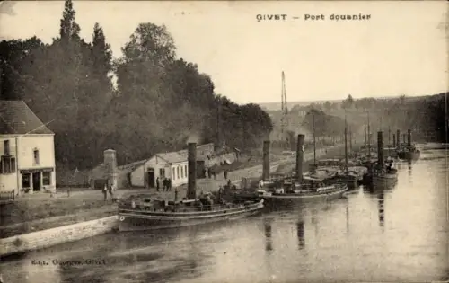 Ak Givet Ardennes, Hafenansicht, Schiffe, Bäume, Gebäude, Menschen