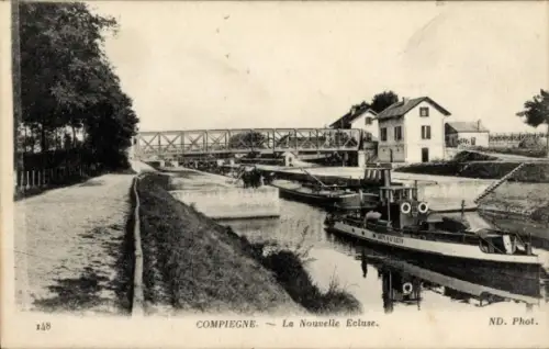 Ak Compiègne Oise,  La Nouvelle Écluse, Kanal, Brücke, Boot