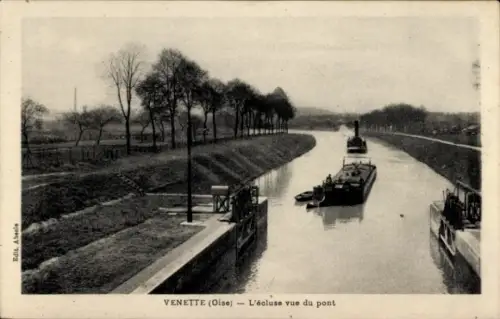 Ak Venette Oise, Fluss, Schleuse, Boot, Bäume, Brücke, Landschaft