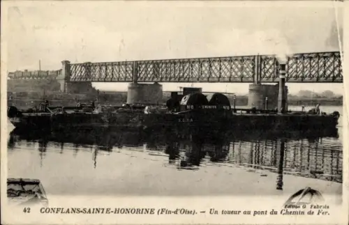Ak Conflans-Sainte-Honorine Yvelines, Bahnhof Fin d'Oise, Schiff, Brücke, Wasser,  Frankreich