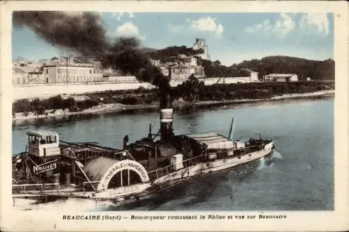 Ak Beaucaire Gard, Schlepper fährt die Rhône hinauf und blickt auf Beaucaire