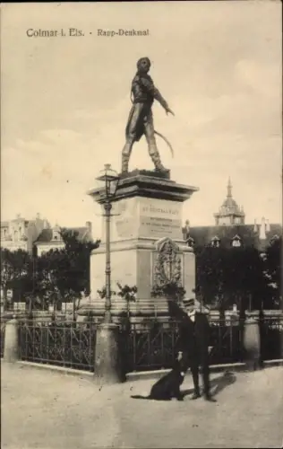 Ak Colmar Kolmar Elsass Haut Rhin, Rapp-Denkmal, Statue, Hund, Person, Colmar