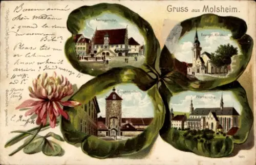 Ak Molsheim Elsass Bas Rhin, Postkarte aus  vier Ansichten, Evangelische Kirche, Pfarrkirche