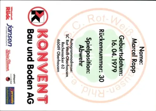 Autogrammkarte Fußballer Marcel Rapp, Rot Weiß Oberhausen, Autogramm