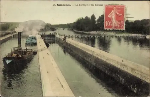 Ak Suresnes Hauts de Seine, Barrage und Schleusen, Dampfschiff, Wasserstraße, Suresnes