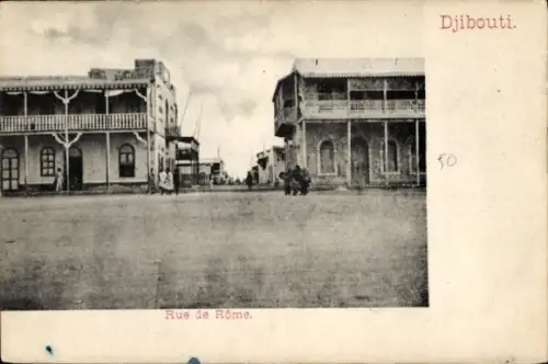 Ak Djibouti Dschibuti, Schwarze und weiße Fotografie, Straße, Gebäude, Rue de Rome, Djibouti