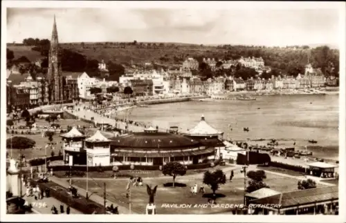 Ak Rothesay Insel Bute Schottland, Pavilion und Gärten,  Küstenansicht, Menschen, Boote