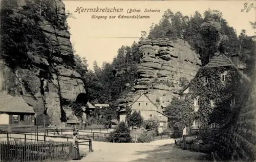 Ak Hřensko Herrnskretschen Elbe Reg. Aussig, Eingang zur Edmundsklamm
