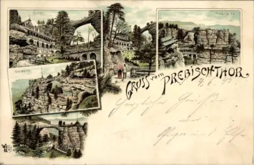Litho Hřensko Herrnskretschen Elbe Region Aussig, Prebischtor, Pravčická brána