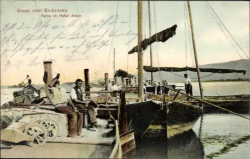 Ak Arbon am Bodensee Kanton Thurgau, Fischerboot am Anleger
