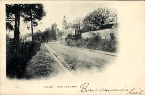 Ak Châtenay Malabry Hauts de Seine, Robinson Aulnay, Foto einer Straße, Kirche im Hintergrund, Bä