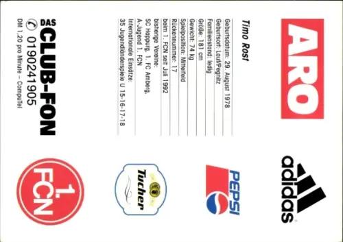 Autogrammkarte Fußballer Timo Rost, 1. FC Nürnberg, Autogramm