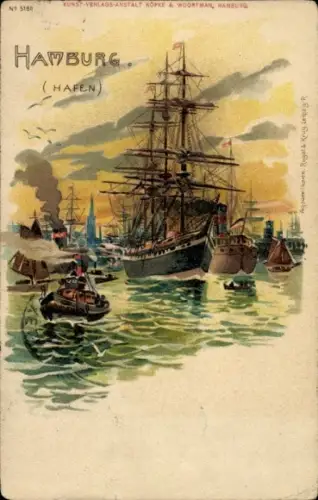 Litho Hamburg Mitte St. Pauli, Hafen, Boote, Segelschiff