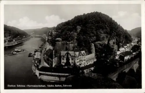 Ak Hřensko Herrnskretschen Elbe Reg. Aussig, Station Schöna