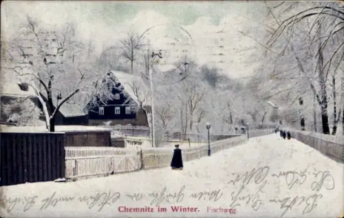 Ak Chemnitz in Sachsen, Chemnitz im Winter, Fischweg, verschneite Landschaft, Spaziergängerin