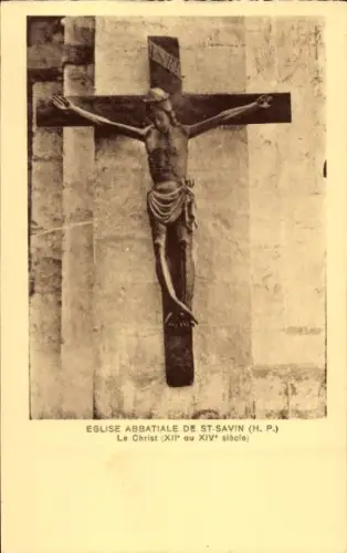 Ak Saint Savin Hautes-Pyrénées, Abteikirche, Kreuz mit Jesus