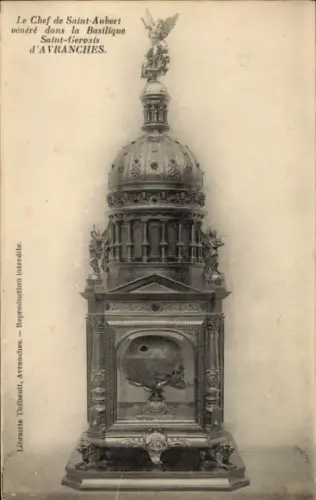Ak Avranches Manche, Religiöse Statue, Kuppel, Inschrift, Avranches