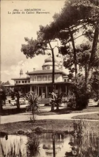 Ak Arcachon Gironde, Jardin du Casino Mauresque, Arkachon, Gartenlandschaft, Gebäude